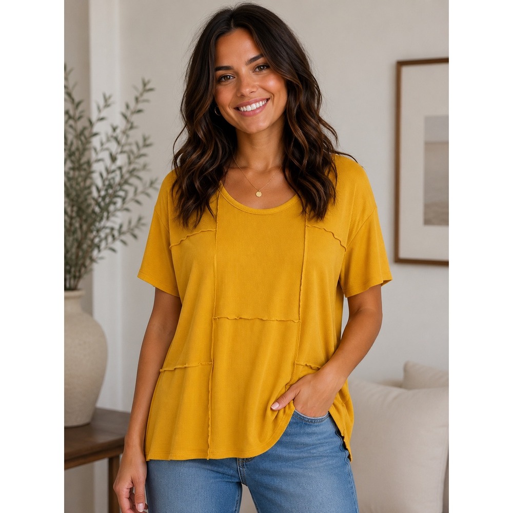 Live Well Lifestyle Mustard Yellow Ribbed Raw Seam Patchwork Top Womens 18/20W